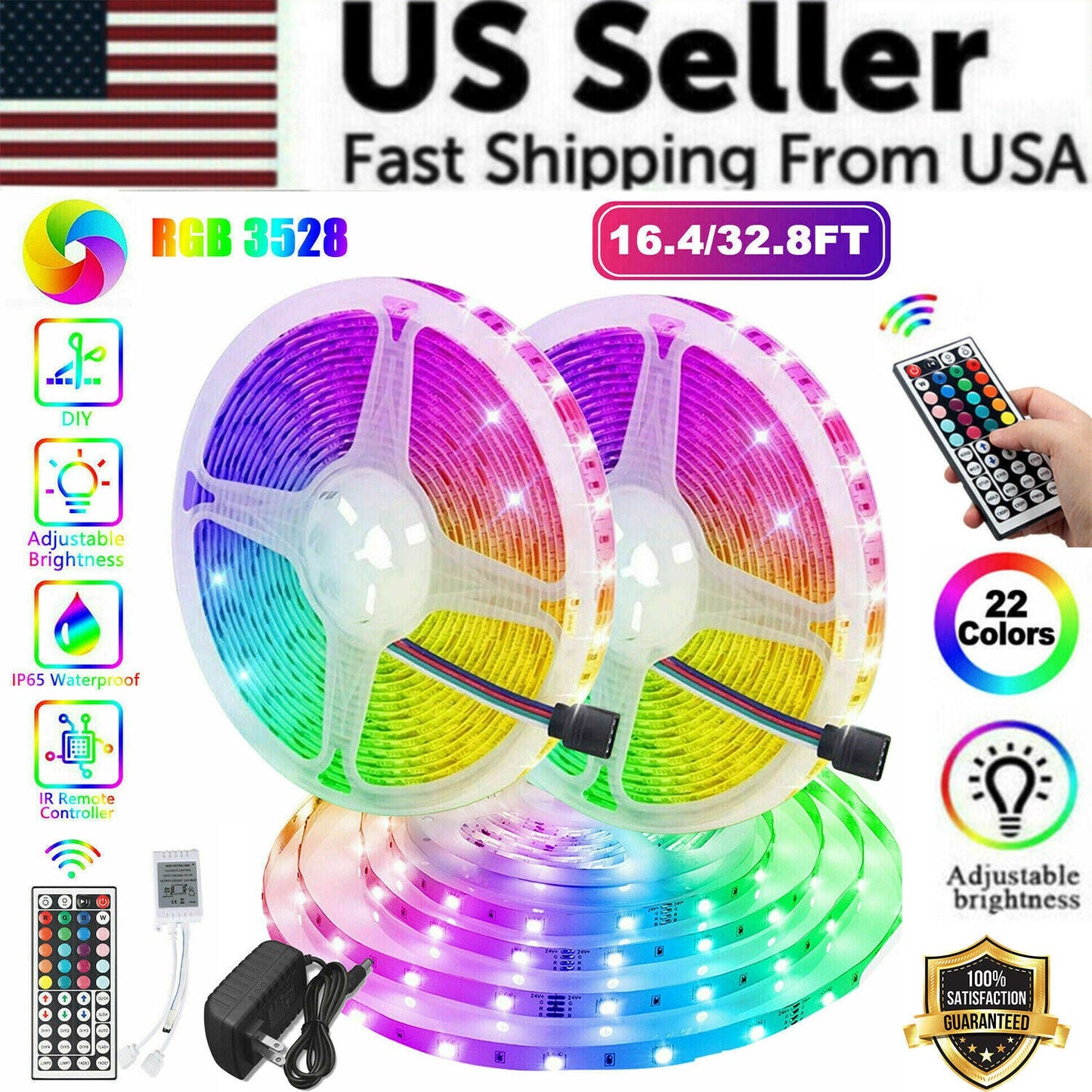 32FT LED SMD Strip Light Flexible 3528 RGB Remote Fairy Lights Room TV