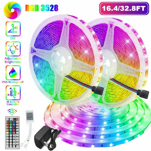 32FT LED SMD Strip Light Flexible 3528 RGB Remote Fairy Lights Room TV