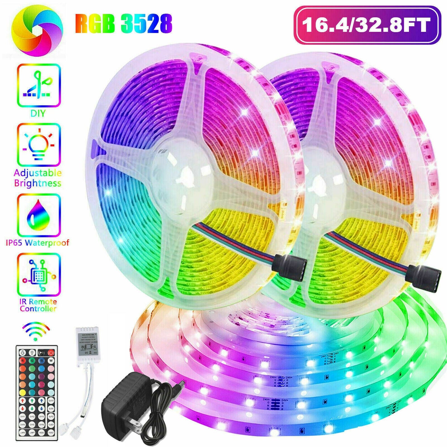 32FT LED SMD Strip Light Flexible 3528 RGB Remote Fairy Lights Room TV