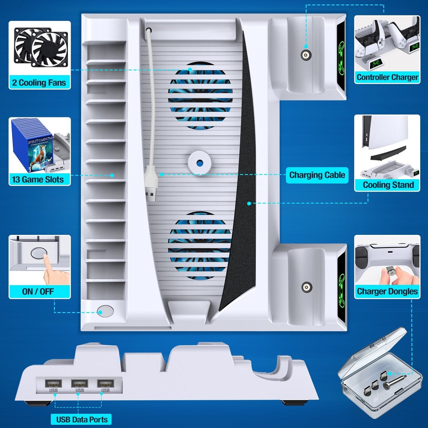 For PS5 Charging Dock Station Vertical Stand Cooling Fan For PS5 with