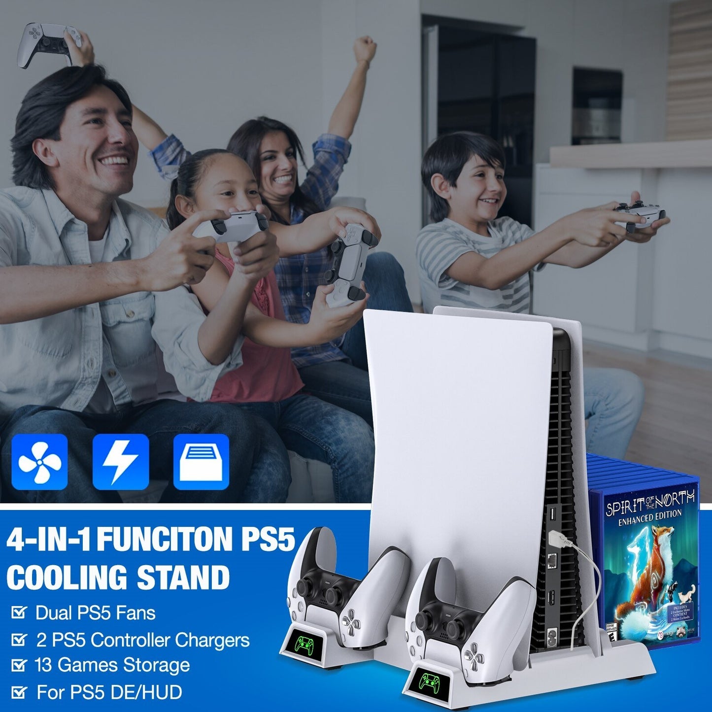 For PS5 Charging Dock Station Vertical Stand Cooling Fan For PS5 with